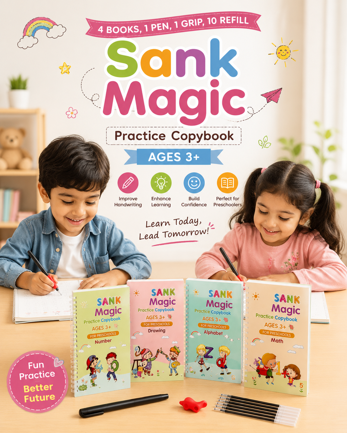 Kosyliving™  Little Learners - 4-in-1 Learning kit For 3+ kids (4 book's + 1 pen, gripper and 10 rifills)