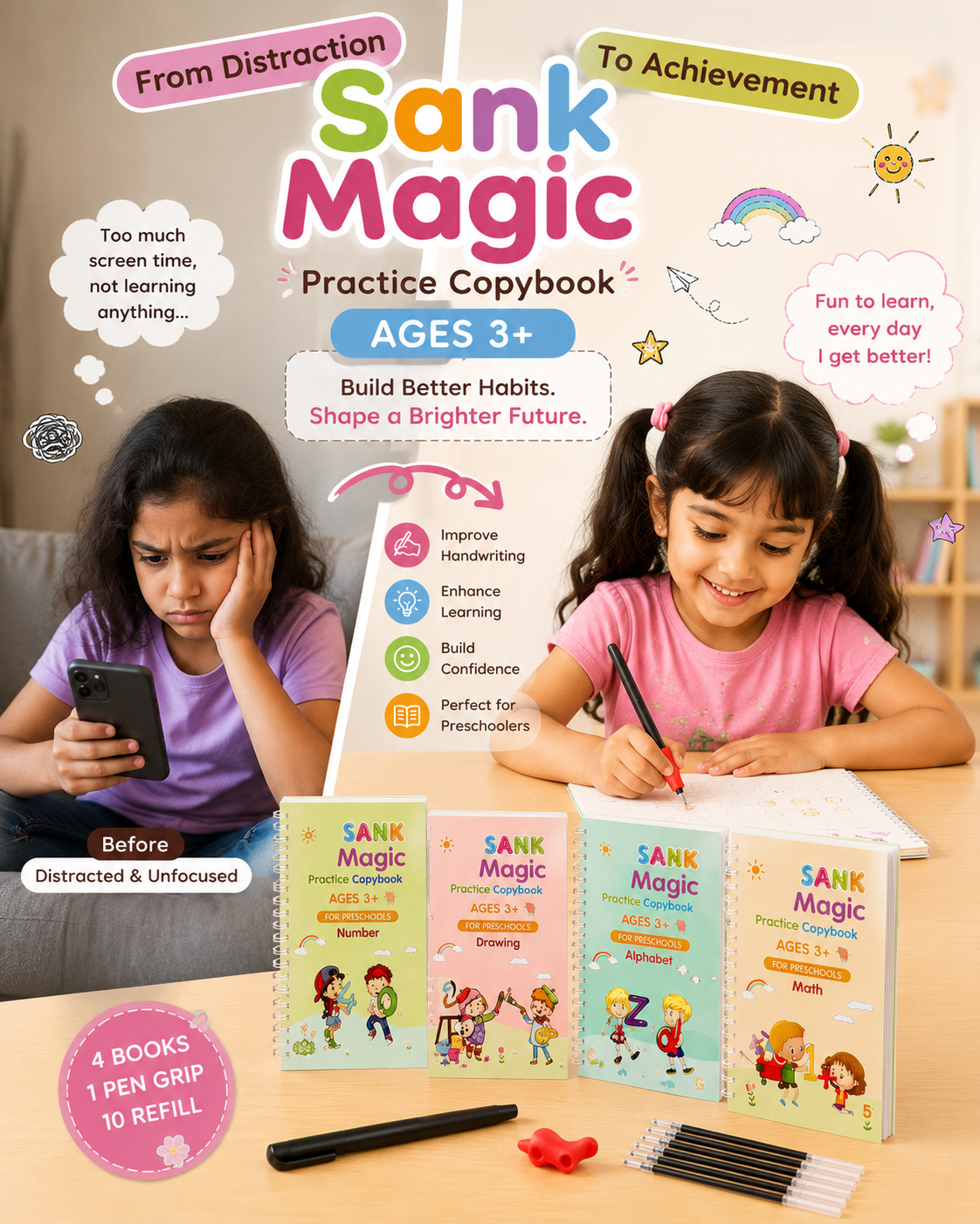 Kosyliving™  Little Learners - 4-in-1 Learning kit For 3+ kids (4 book's + 1 pen, gripper and 10 rifills)