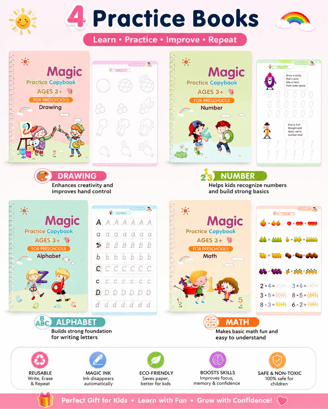 Magic Book for Kids, Sink Magic Practice CopyBook, (4 Books+10 Refills+1 Pen+1 Grip) ( Pack Of 1 )